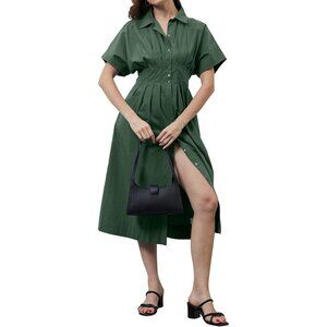 Women Striped Pleated Shirt Dress Cotton Blend Short Sleeve Casual